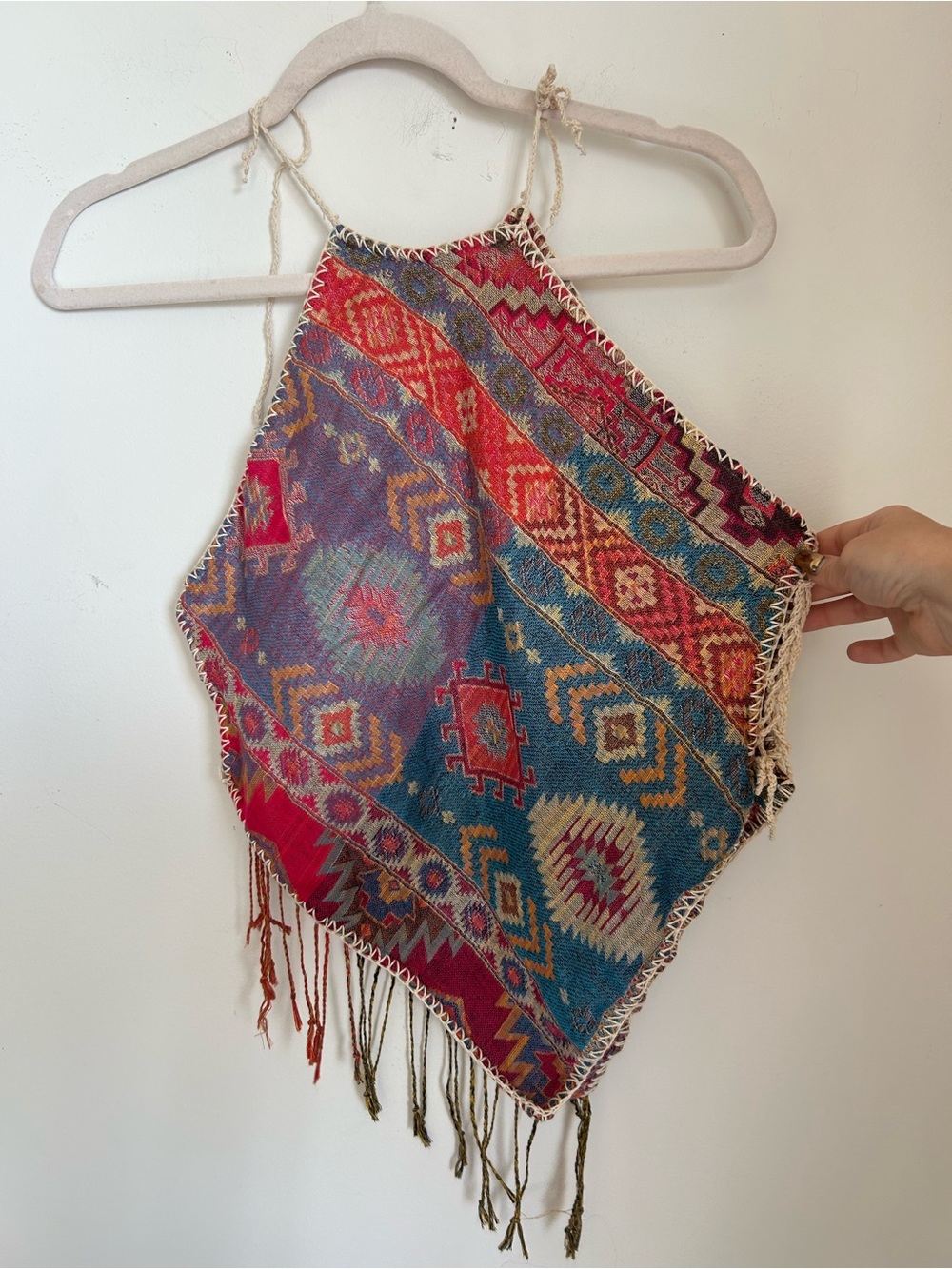 Boho Diamond Mosaic Fringe Halter Top - Teal & Red